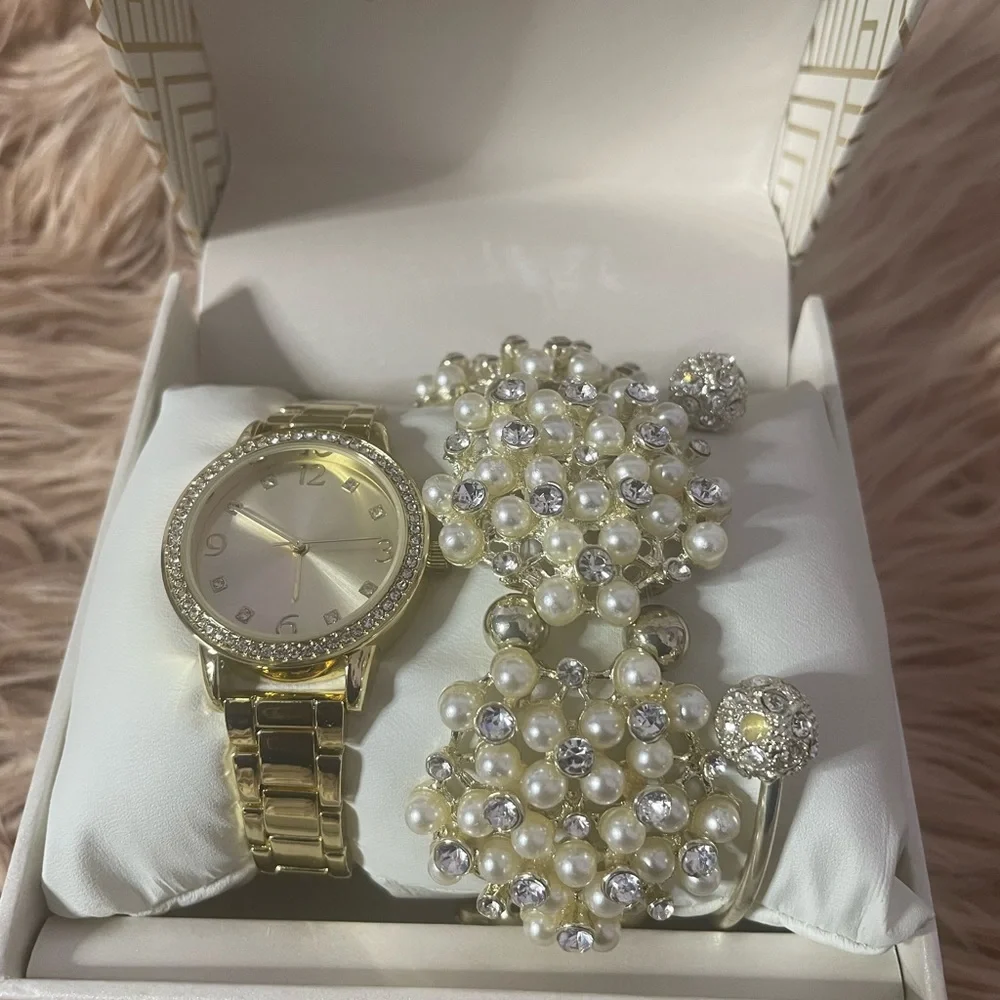 Gold Watch with Silver Pearl and Diamond Bracelets